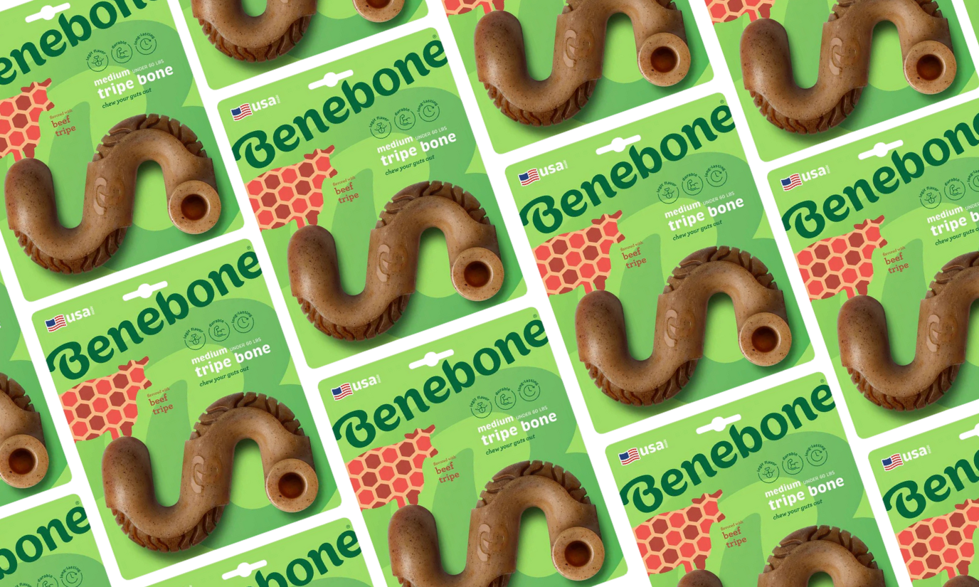 The Benebone beef trip bone is a durable nylon chew toy for dogs