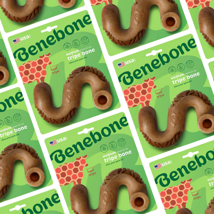 The Benebone beef trip bone is a durable nylon chew toy for dogs