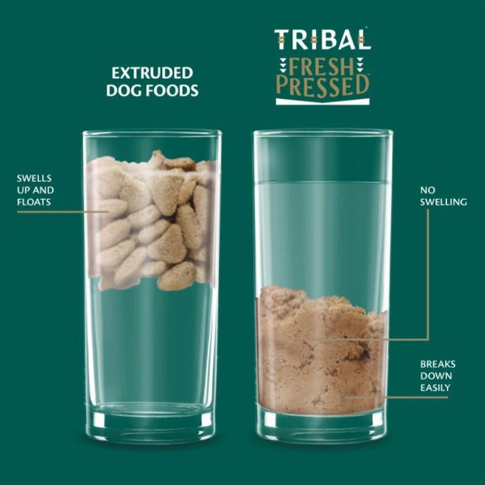 Tribal dog food does not swell in the gut like extruded dry kibble.