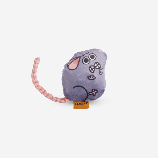 Plush toy resembling a mouse with a pink tail on a white background