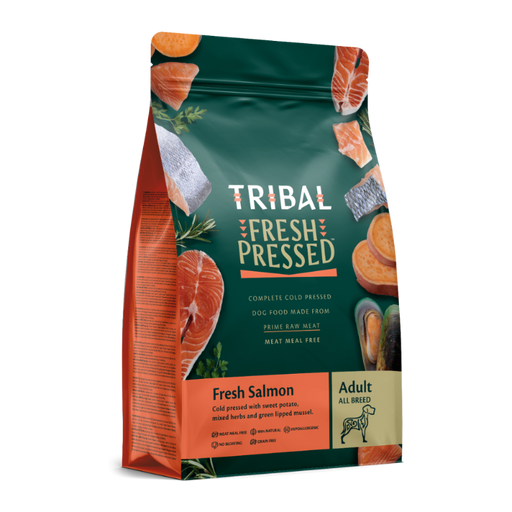 Tribal Fresh Pressed Adult Salmon. Premium cold pressed complete diet for dogs.