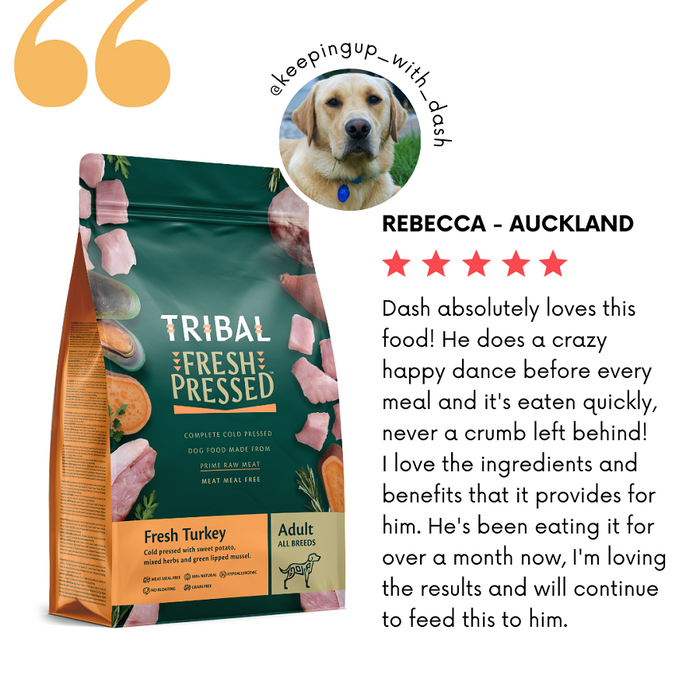 NZ dog food review for Tribal Fresh Pressed Adult Turkey recipe